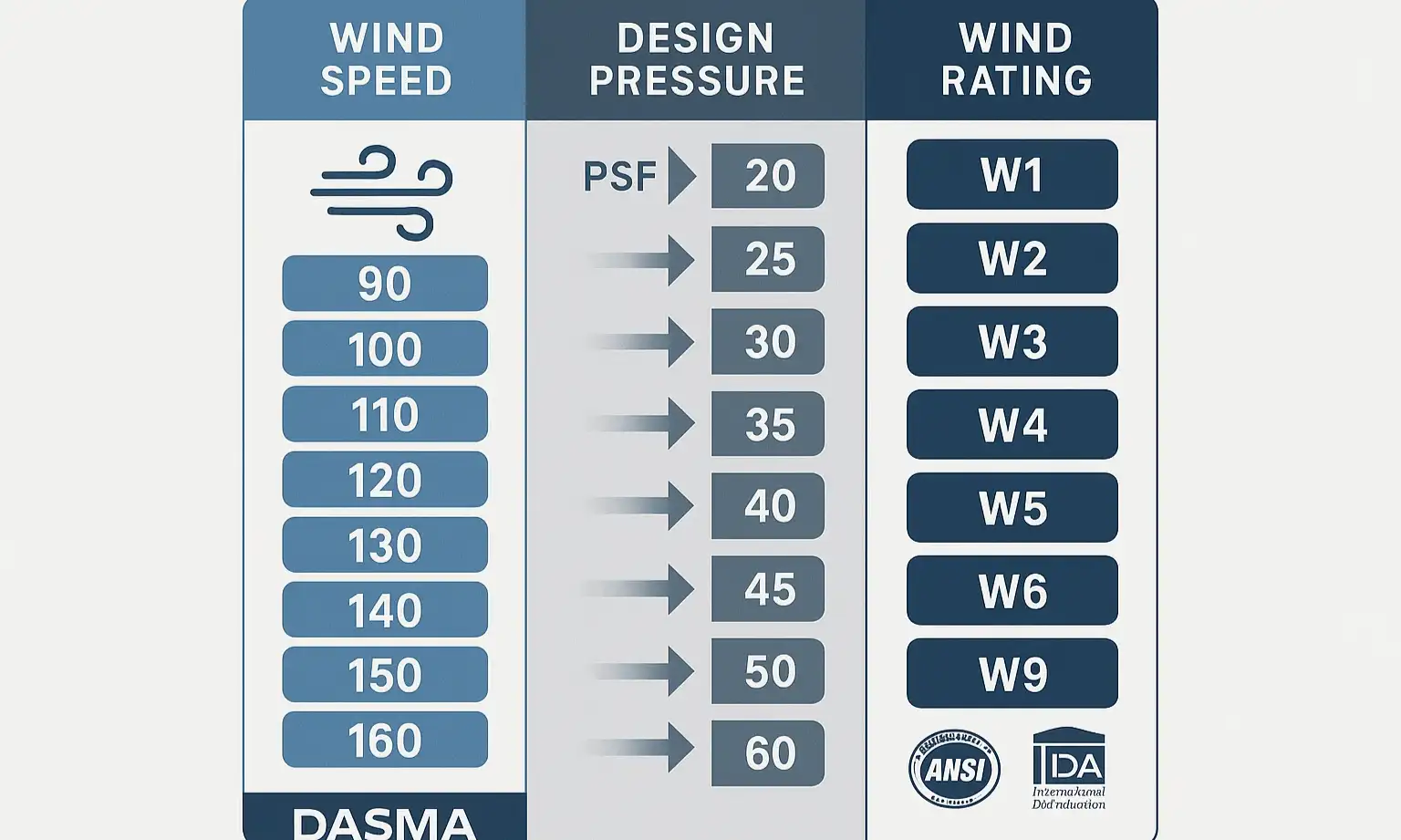 A chart showing how rising wind speeds in MPH correspond to higher design pressure ratings in PSF, with callouts for different WindCode ratings.