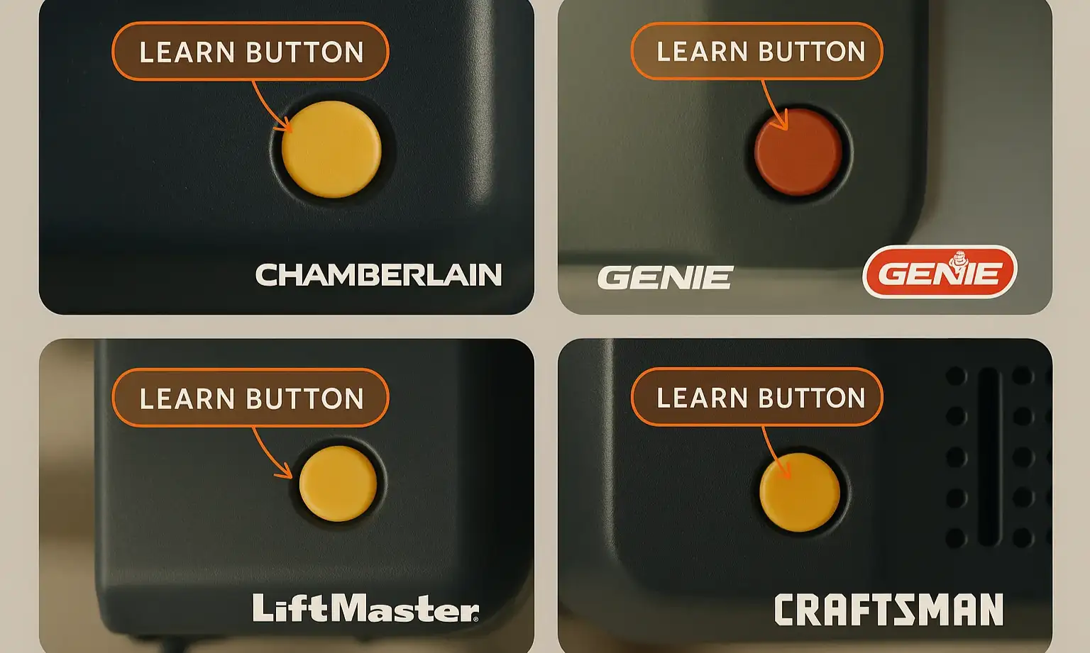 Collage showing Learn button locations on popular opener brands