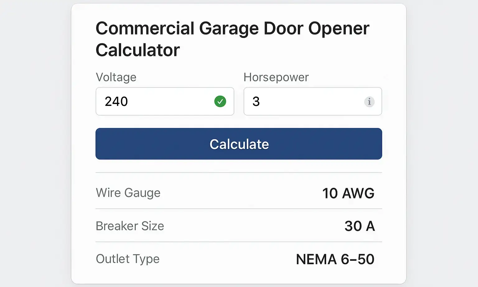 Screenshot of calculator for commercial opener electrical sizing
