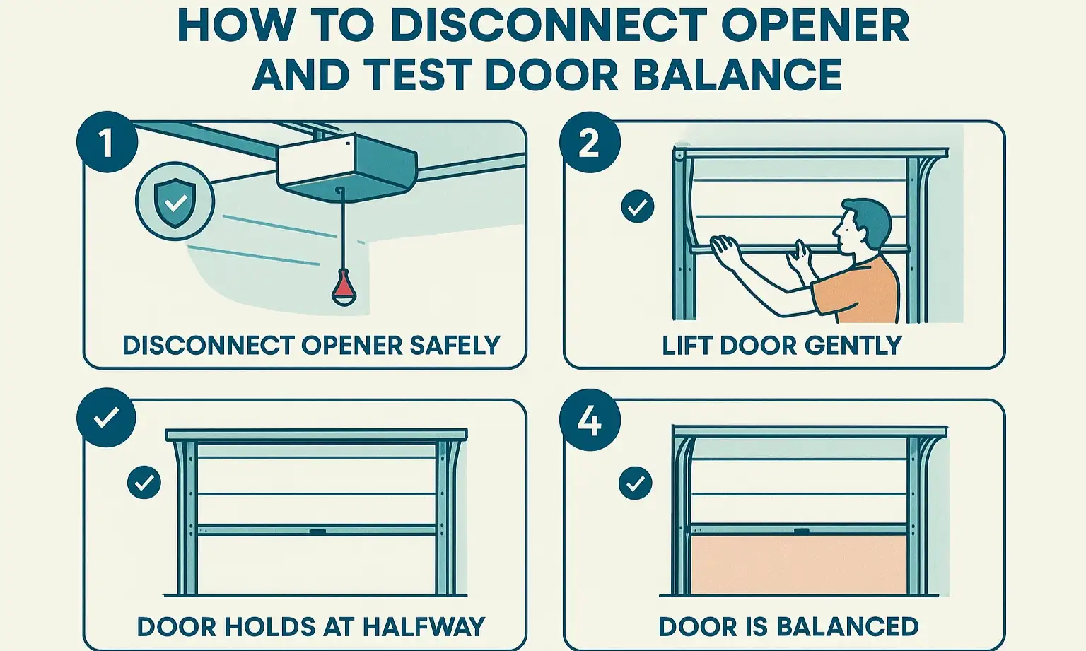 Infographic showing steps to test garage door balance