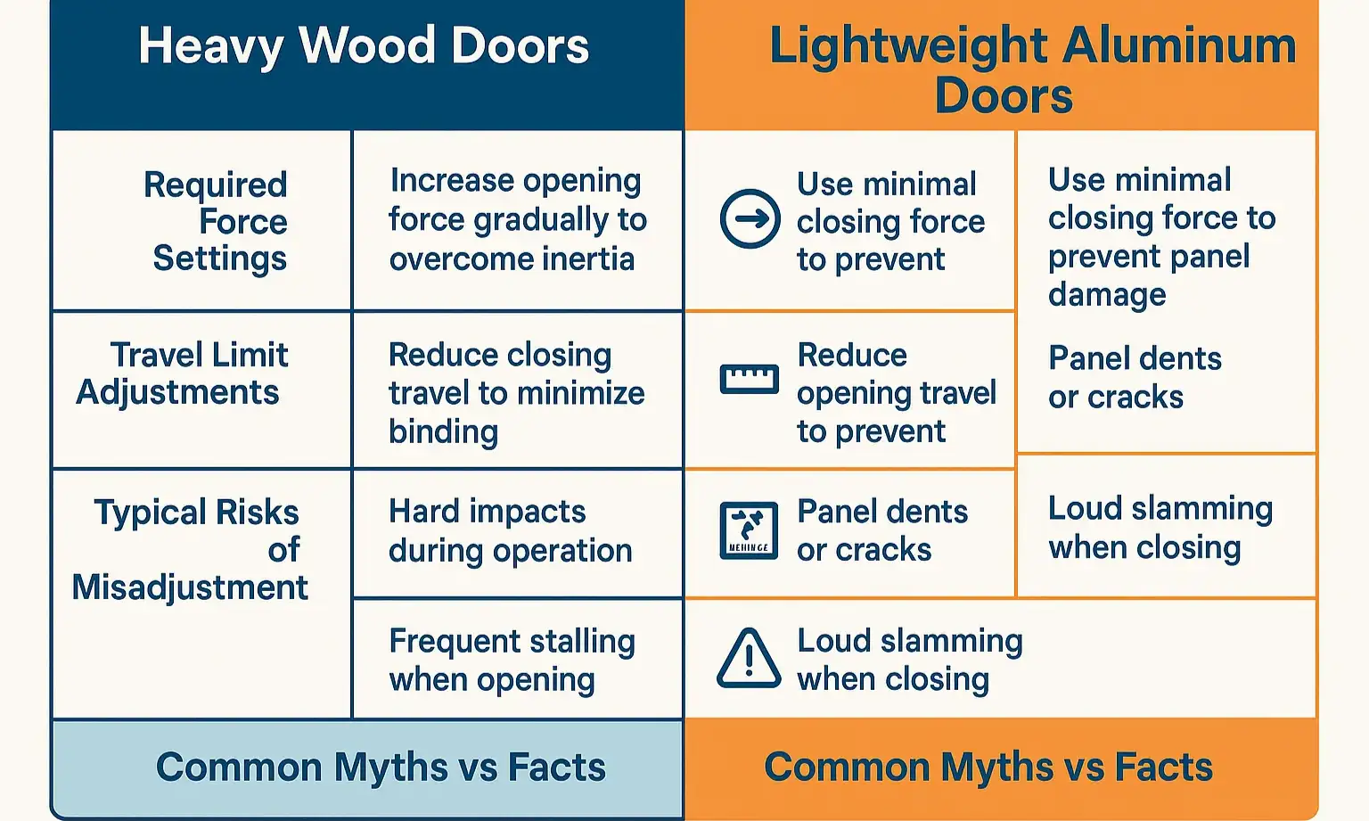 Chart comparing adjustments for wood vs aluminum garage doors