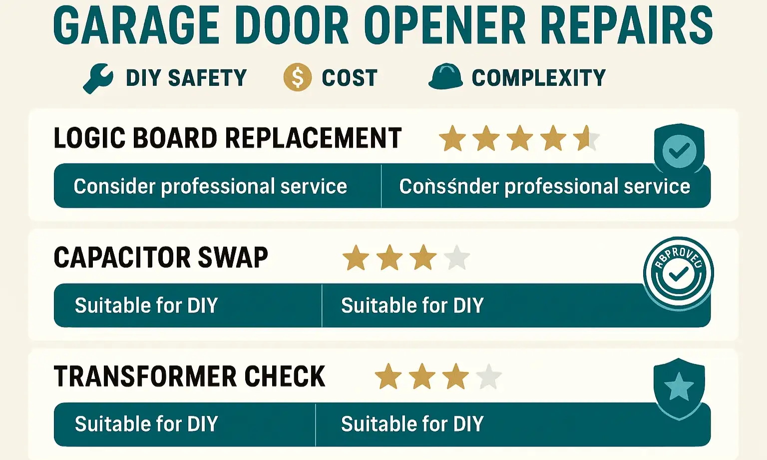 Garage door repair guide for safety, cost, and repair difficulty