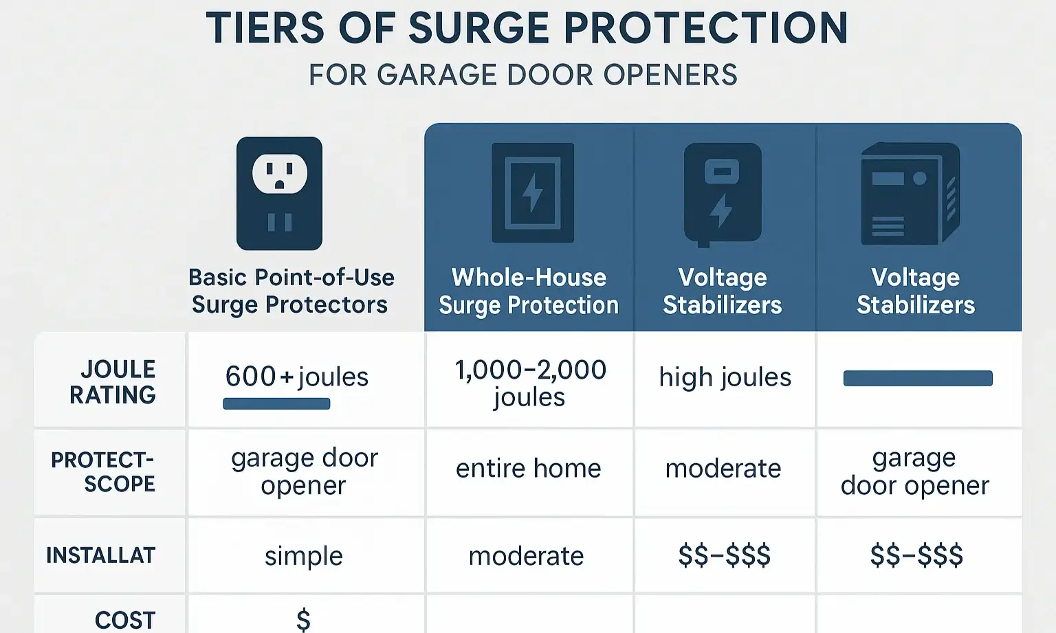 Infographic comparing surge protectors for home garage systems