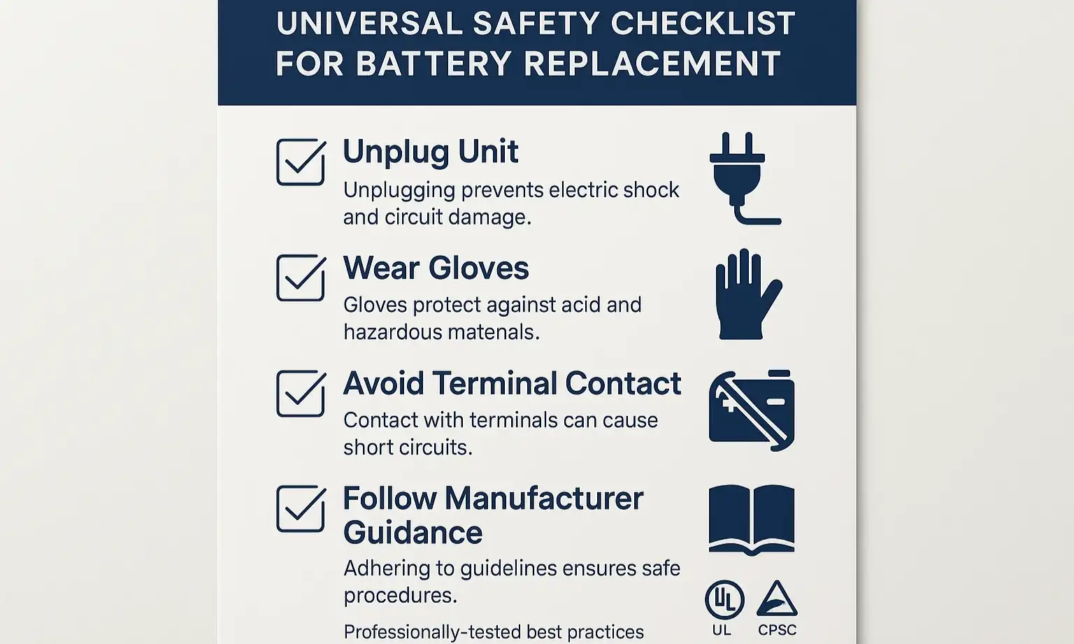 Garage door safety checklist with gloves, tools, and power off icons