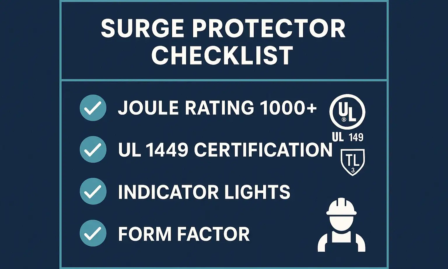 Checklist graphic: joule rating, UL 1449, lights, proper size