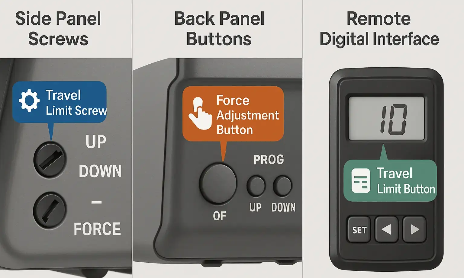 Garage opener panels with screws and electronic adjustment buttons