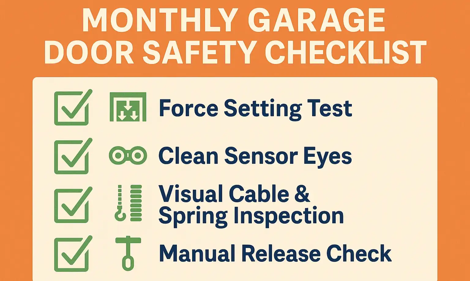 Monthly garage door safety checklist for force and sensors