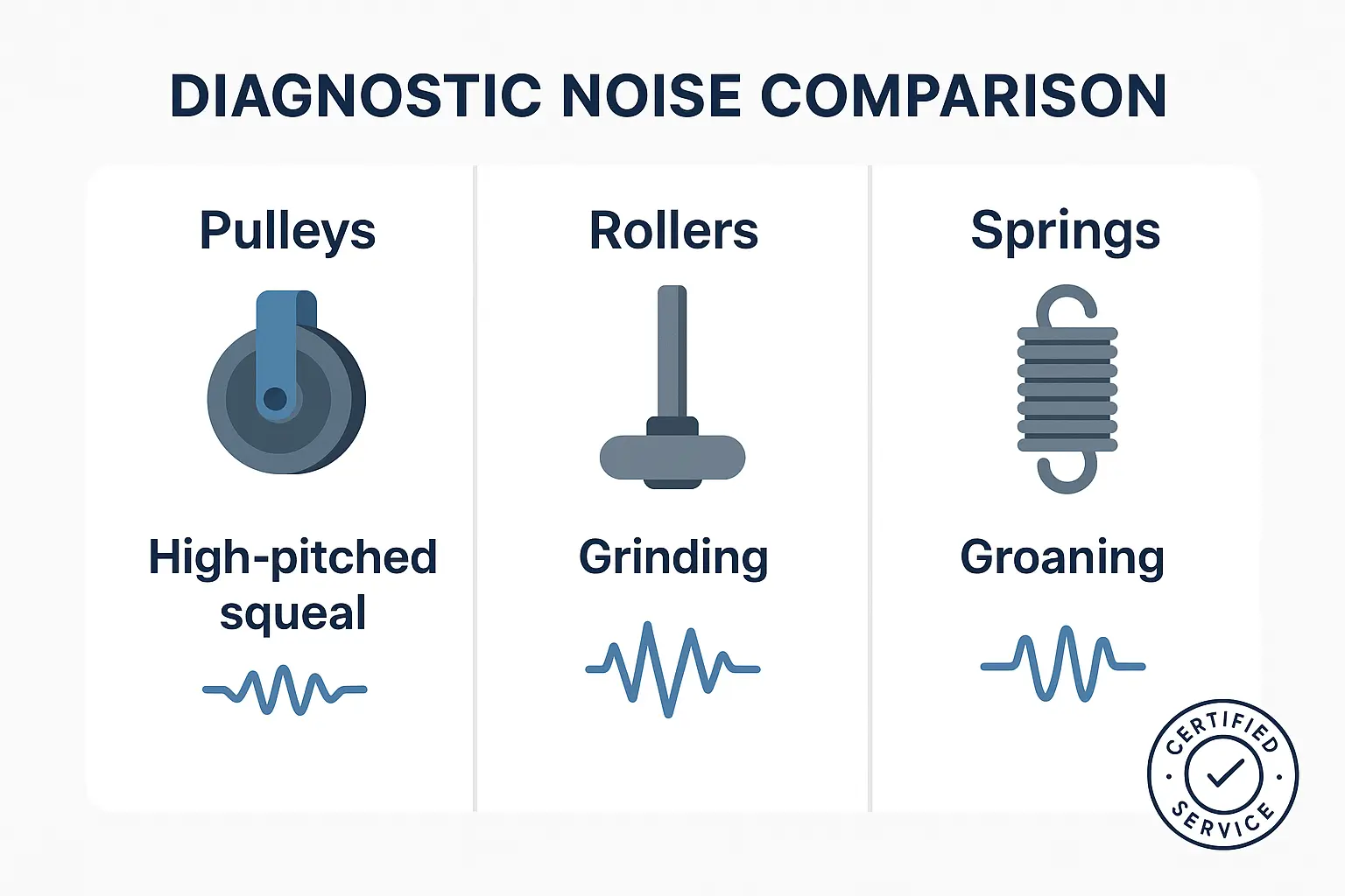 A diagnostic chart showing three common garage door noises—squeaking pulleys, grinding rollers, and groaning springs—with icons and descriptions to help homeowners identify the source of the problem.