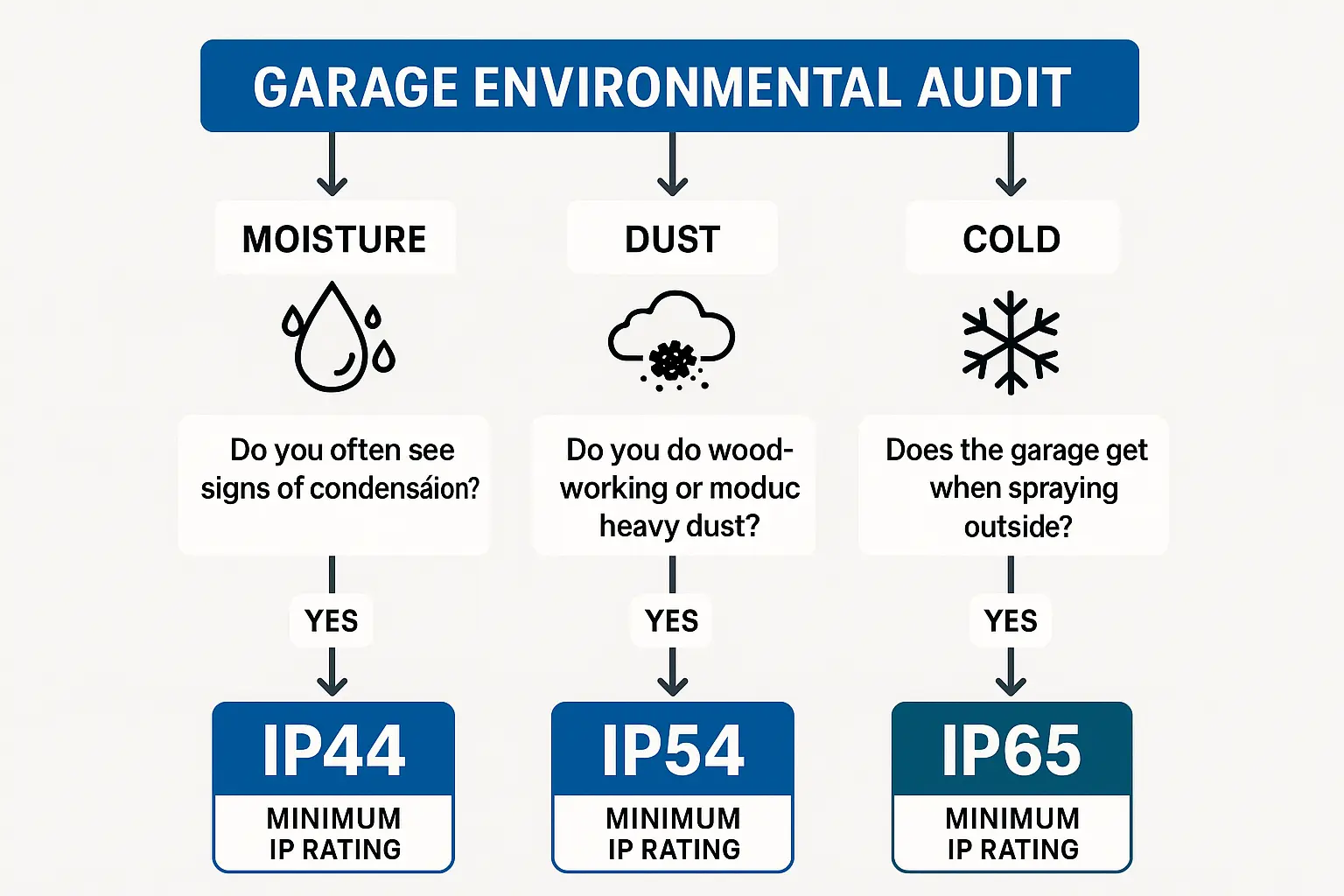 A flowchart guiding users through assessing their garage's dampness, dust levels, and cleaning habits to determine the appropriate IP rating for their LED lighting.