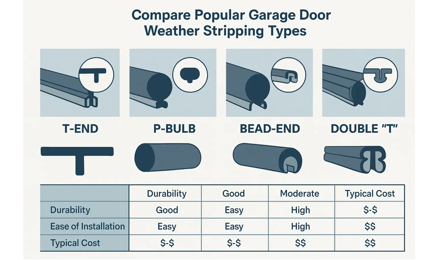 Compare popular garage door bottom seal types to select the right weather stripping for your repair needs.