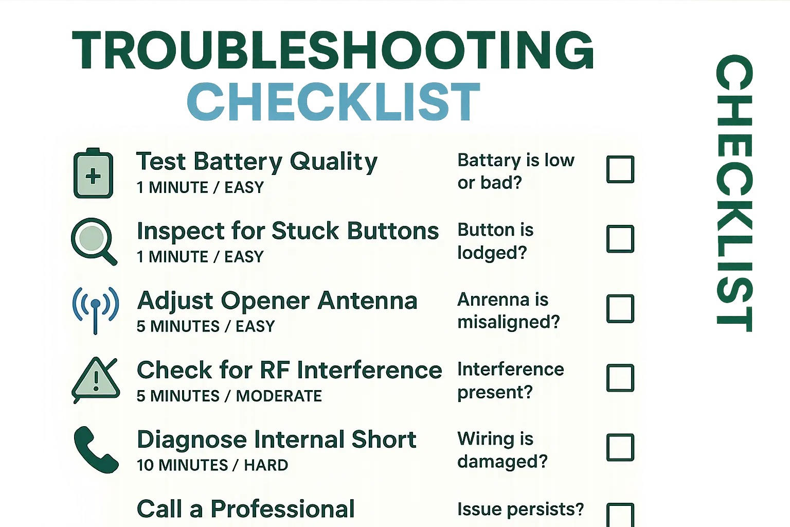 A visually clear troubleshooting flowchart that starts with "Battery Draining Fast?" and branches to "Check Button," "Inspect Contacts," "Test for Interference," and finally "Contact a Professional."