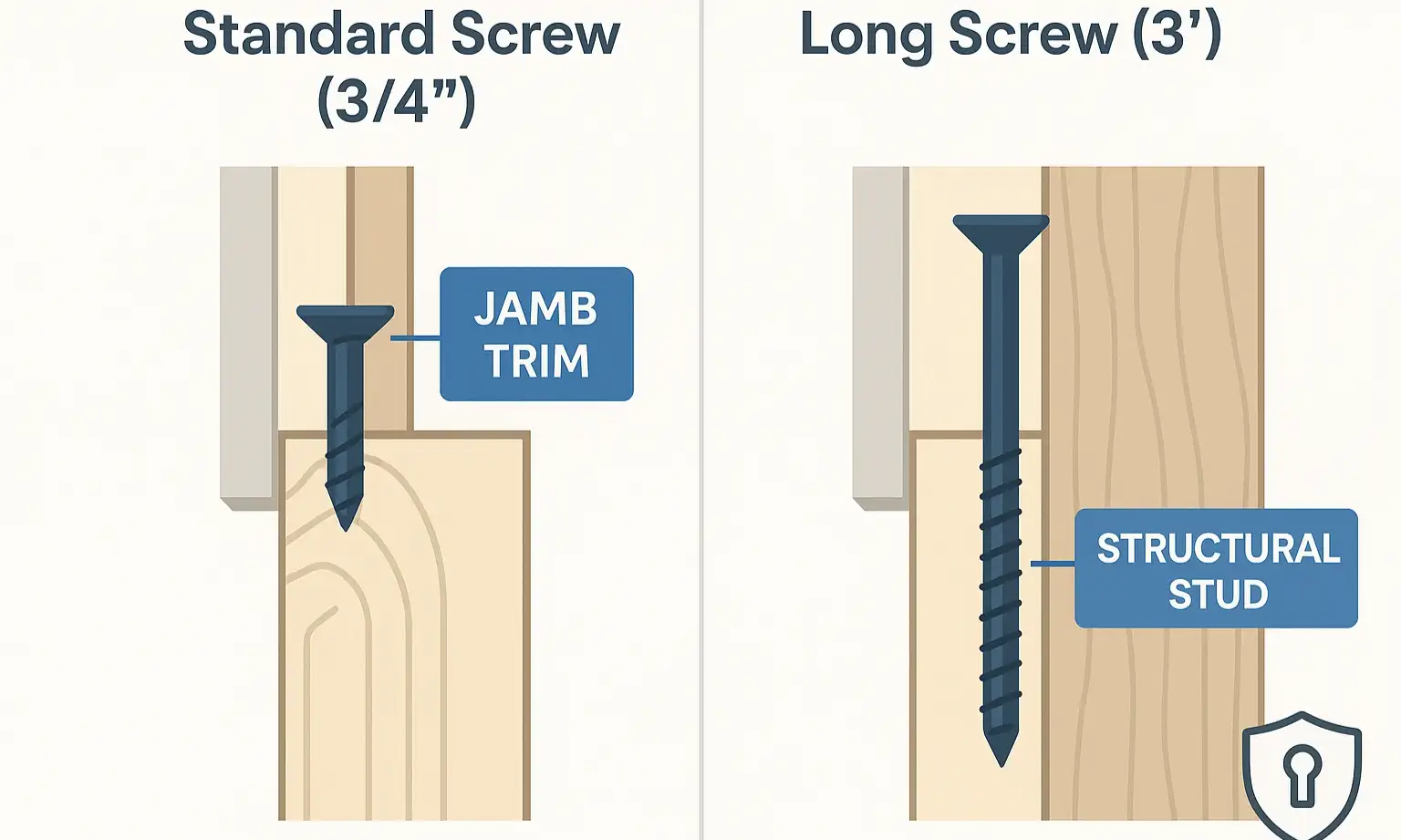 A diagram showing the difference in security between a short screw that only goes into the door frame trim and a 3-inch screw that anchors into the structural stud of the wall.