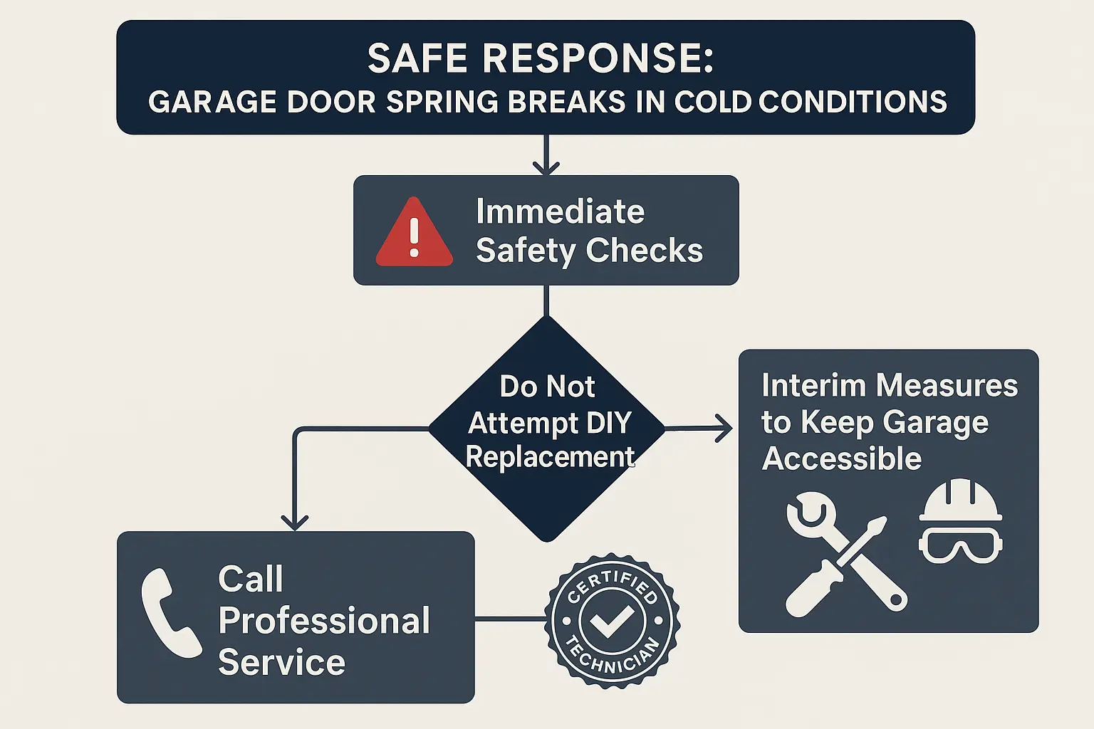 A safety-focused image showing a garage door with a broken spring, with a clear 'do not touch' symbol over the spring and a 'call a professional' icon nearby.