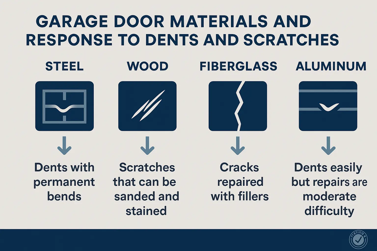 A diagram or graphic illustrating the different ways materials like steel, wood, and fiberglass react to impact; steel shows a dent, wood shows a compression/gouge, and fiberglass shows potential for cracking.