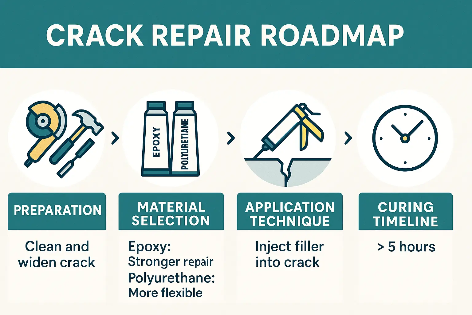An infographic flowchart showing the step-by-step process for repairing a wide concrete crack, from preparation and cleaning to applying backer rod and sealant.