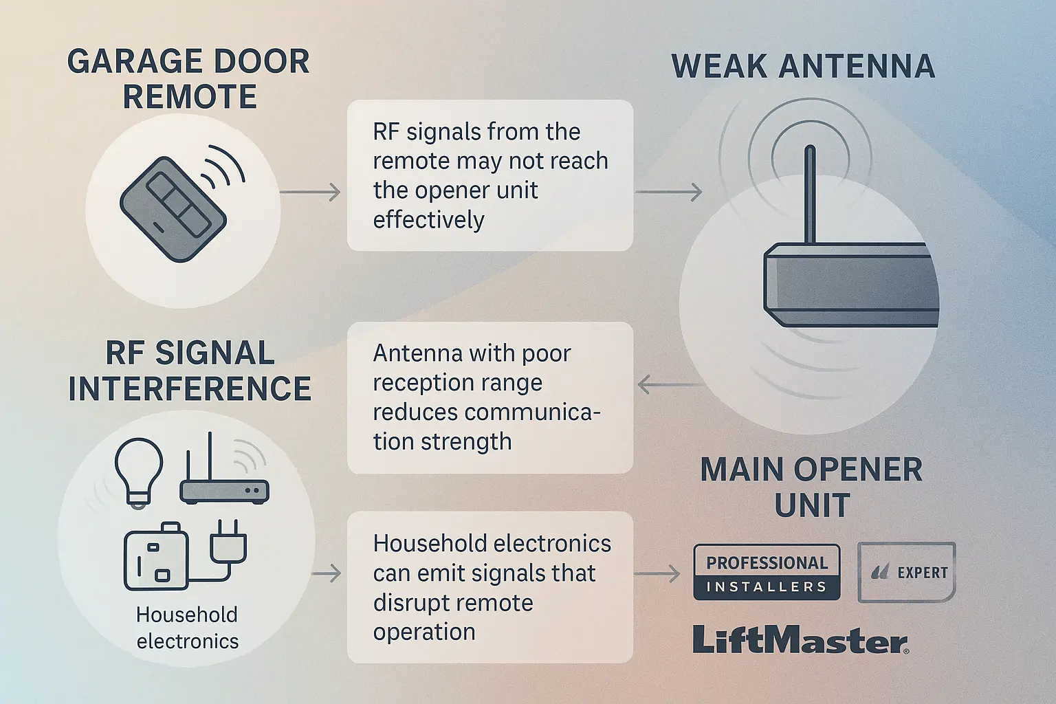A diagram illustrating signal interference sources in a garage, such as LED light bulbs, Wi-Fi routers, and cordless phone bases, with arrows showing their signals disrupting the path between the remote and the opener's antenna.