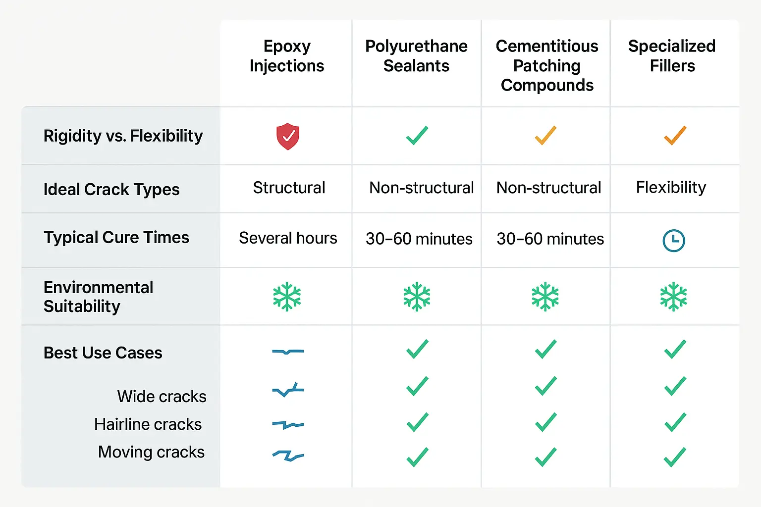 A flowchart illustrating the two-question diagnostic framework for concrete crack repair, guiding users to the correct material type based on whether the crack is structural and if it moves.