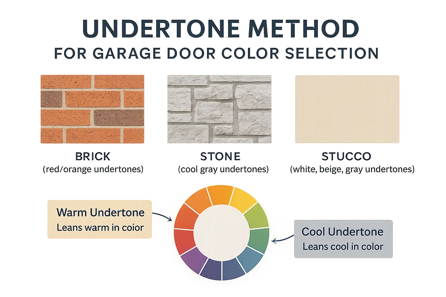 The 'Undertone Method' infographic teaches homeowners how to identify key undertones in exterior materials, enabling confident and precise garage door color matches.