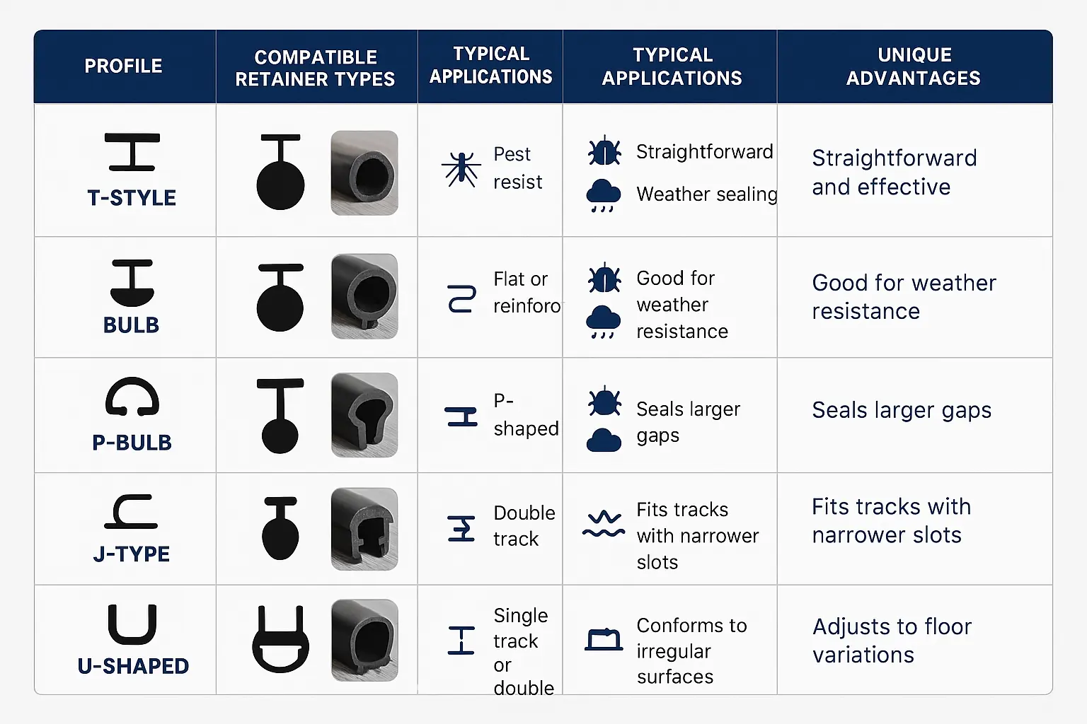 Comprehensive comparison of popular garage door bottom seal profiles to match your door’s retainer and environment needs with ease.