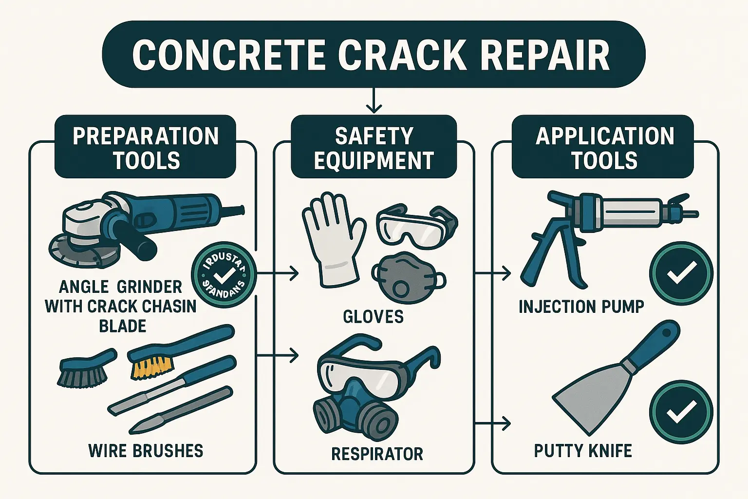 A layout of essential tools for concrete crack repair, including an angle grinder with a diamond blade, a shop vacuum, a wire brush, a caulk gun, and safety gear like gloves and glasses.