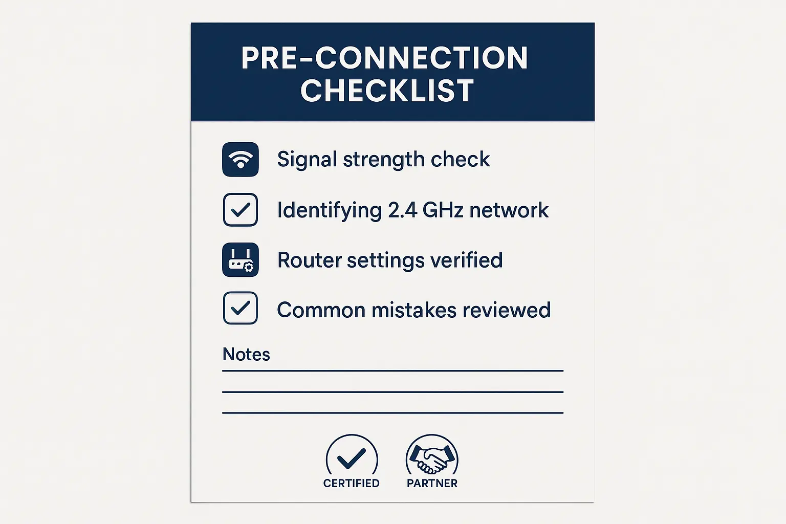 A final, clean checklist graphic summarizing the key steps: Check Signal Strength (> -67 dBm), Identify 2.4 GHz Network, Verify Router Settings (DHCP On, MAC Filtering Off), and a final checkmark for "Ready to Connect!".