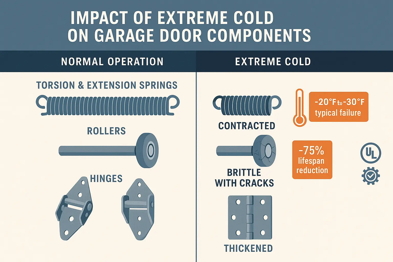 An infographic or diagram showing the key components of a garage door system (springs, rollers, hinges, weather stripping) with icons indicating the effects of cold on each.