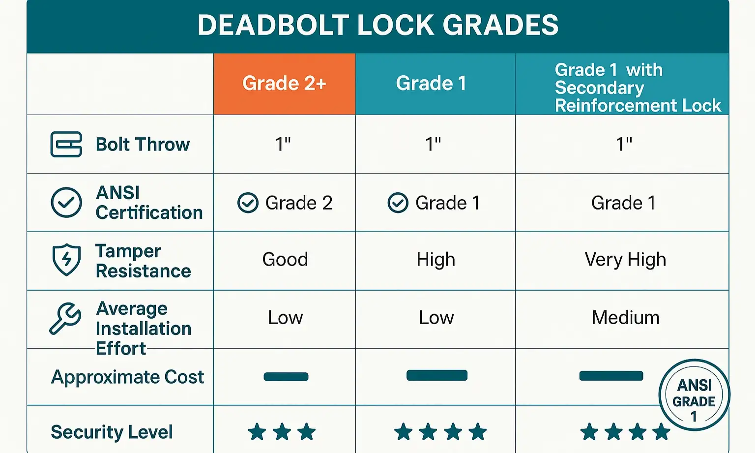 Comparison chart of deadbolt lock grades