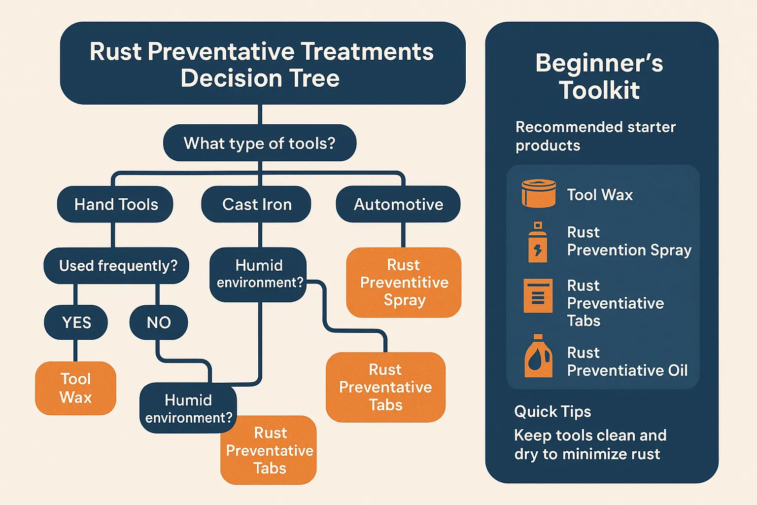 Decision tree guiding tool owners to personalized rust prevention plans ensuring the right product choice for any storage situation or usage pattern.