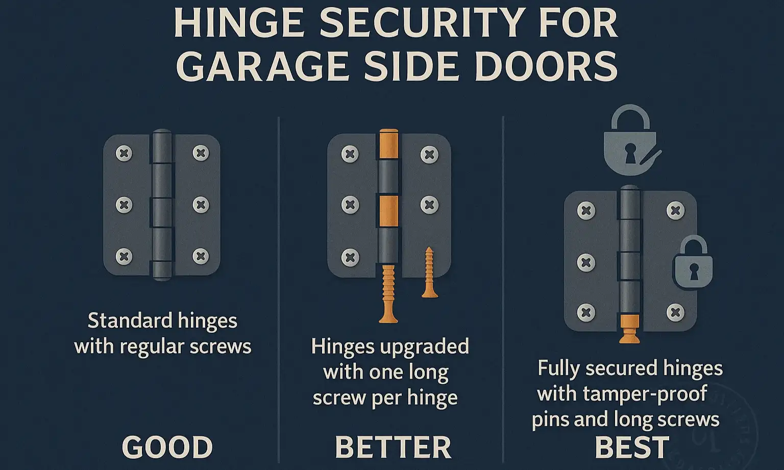 A checklist graphic summarizing the 'Good, Better, Best' upgrade paths for each of the four pillars (Frame, Hinges, Lock, Door).