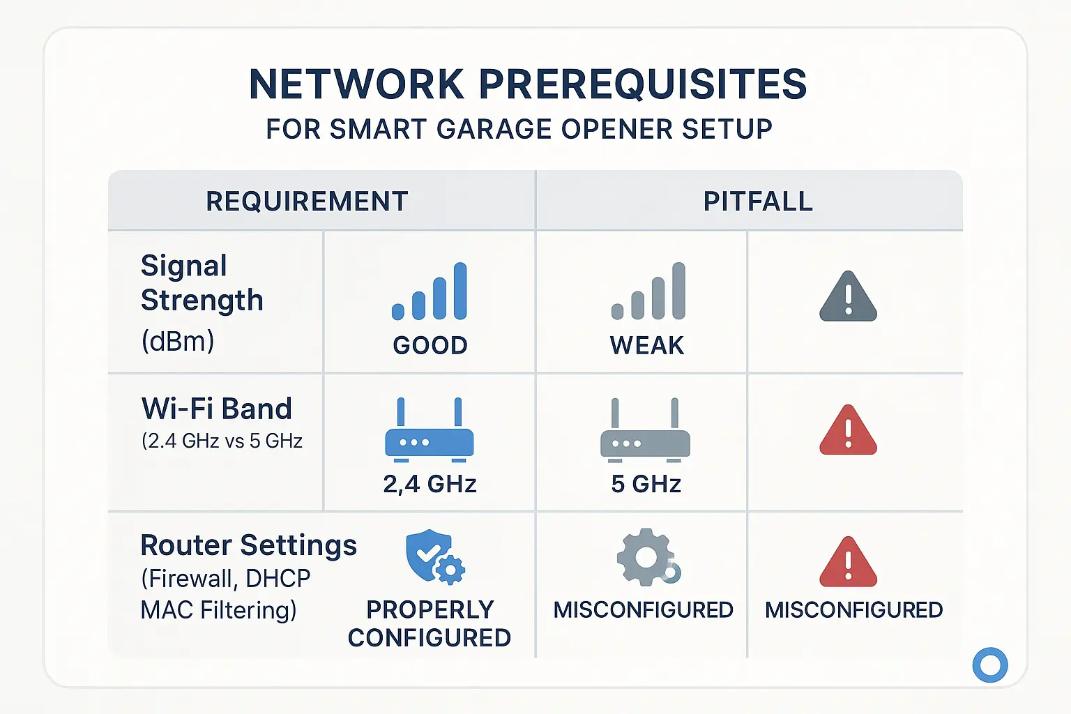 A graphic illustrating the differences between 2.4 GHz and 5 GHz Wi-Fi bands, showing 2.4 GHz with longer range and better wall penetration, and 5 GHz with higher speed but shorter range.