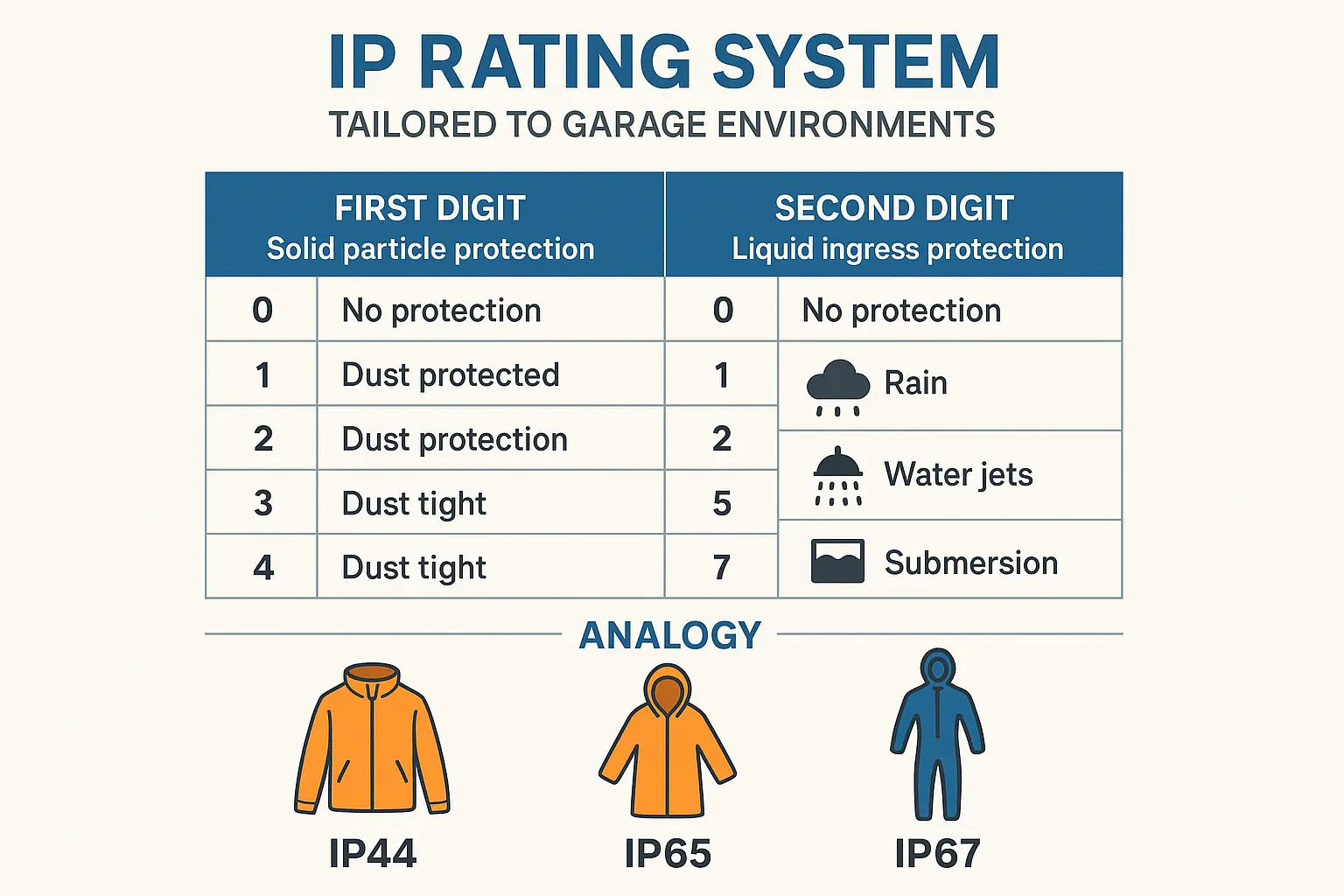 A visual guide comparing IP44, IP65, and IP67 ratings with icons representing light mist, water jets, and submersion, respectively.