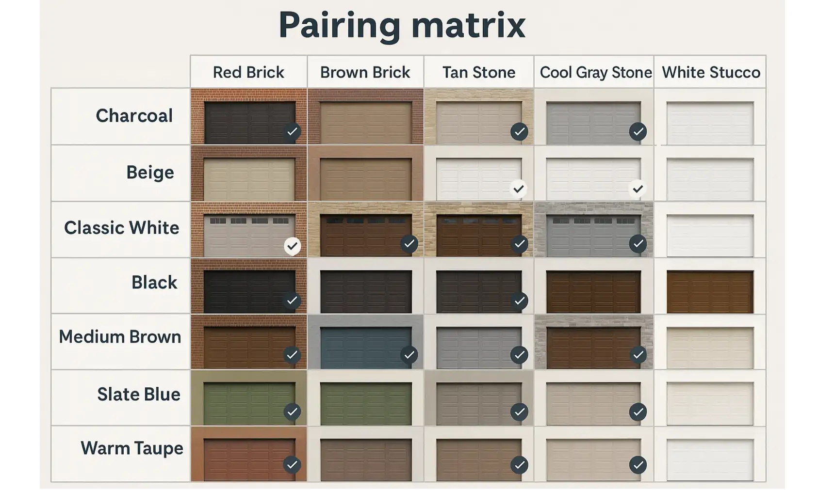 Use this visual pairing matrix to quickly evaluate which garage door colors best harmonize with your home’s exterior material, simplifying your color selection process.