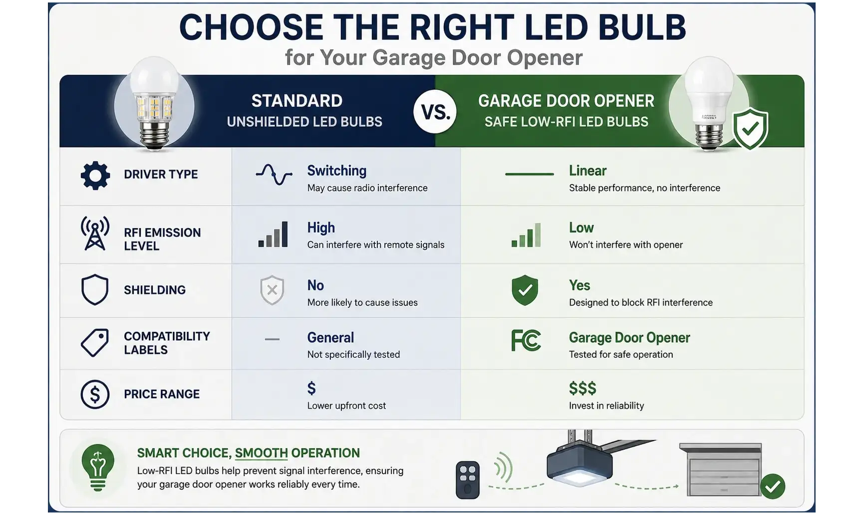 A diagram illustrating how radio frequency interference (RFI) from an LED bulb's driver can block the signal from a garage door remote to the opener.