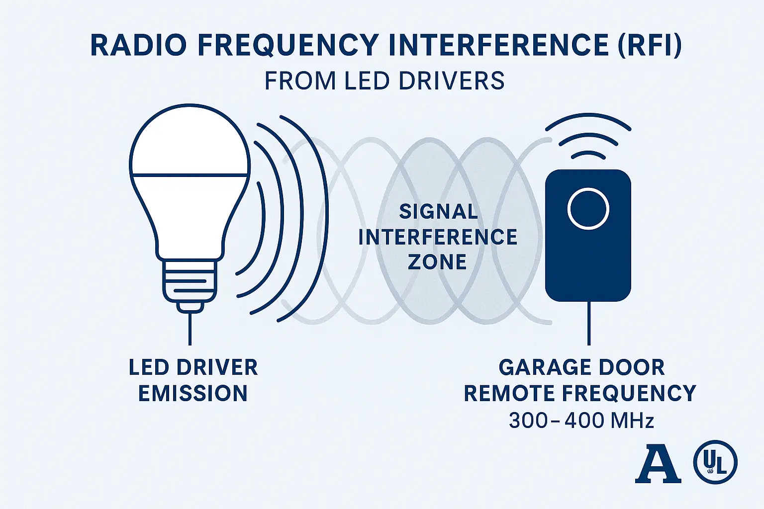 A three-step flowchart for diagnosing LED interference. Step 1: Remove the LED bulb from the opener. Step 2: Test your garage remote. Step 3: If it works, the bulb is the problem; if not, check other issues.