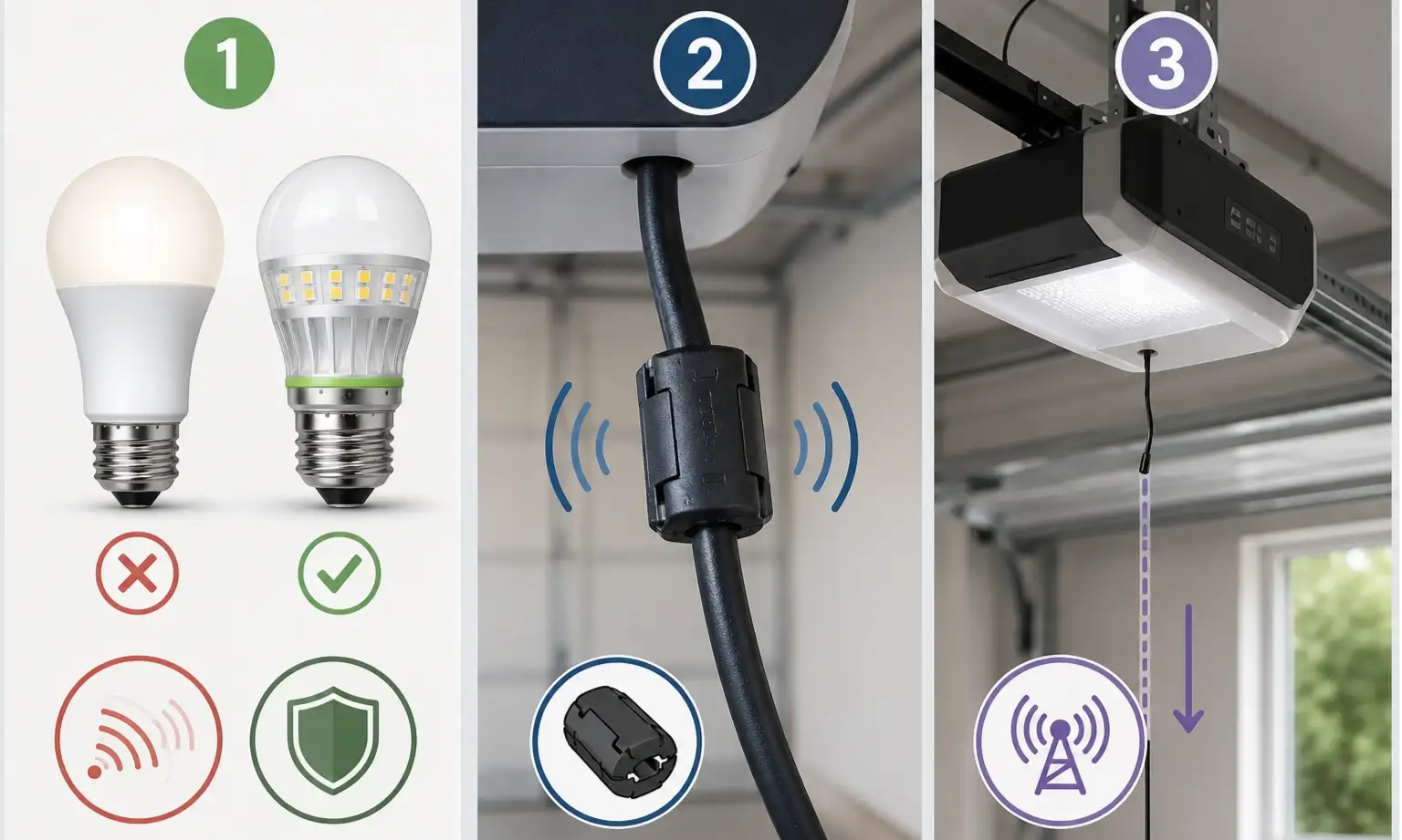 A side-by-side comparison of a standard LED bulb and a garage-door-opener-safe LED bulb, highlighting features like EMI shielding and a rugged design in the compatible bulb.