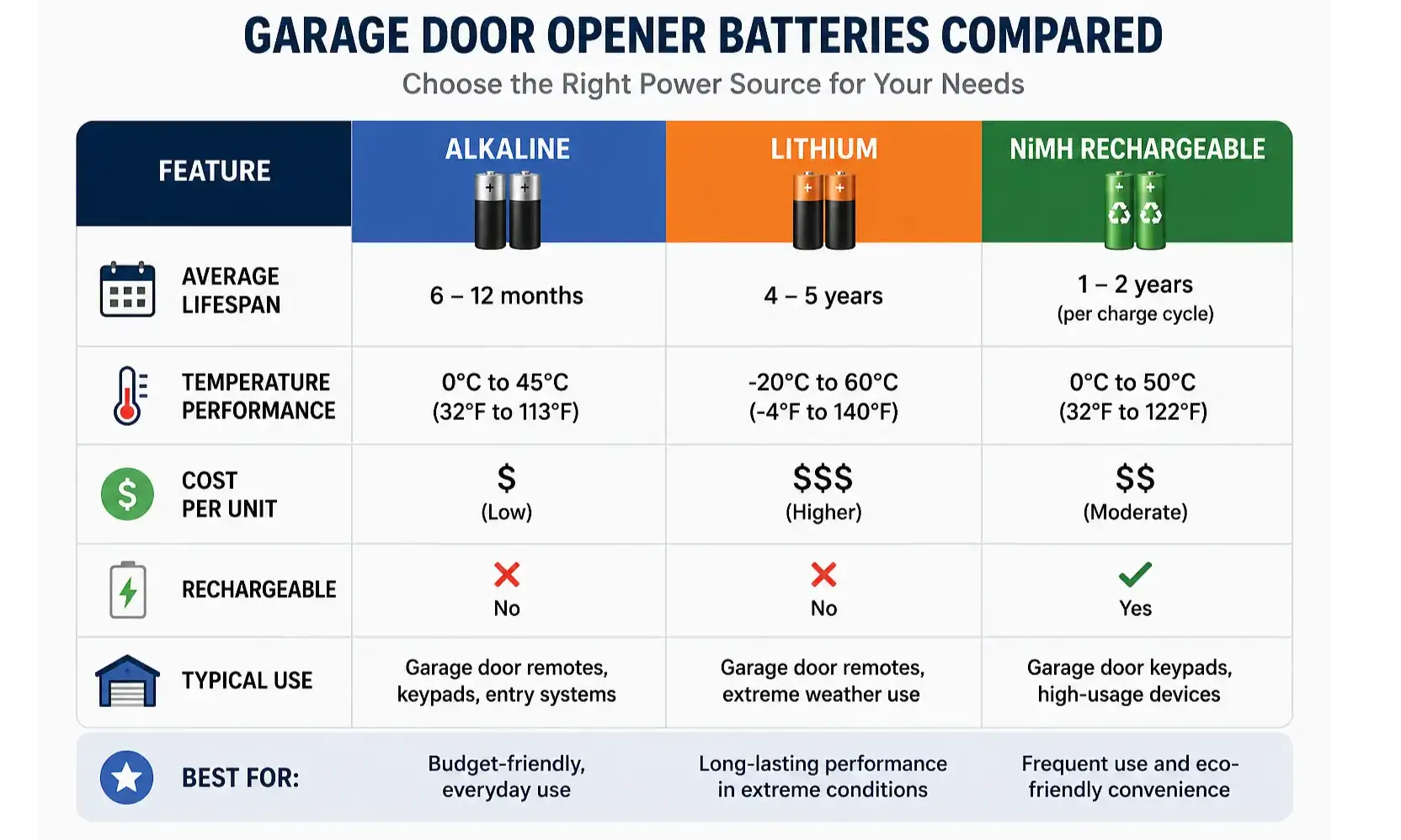 A comparative table showing the pros and cons of Alkaline, Lithium, and NiMH batteries for garage door remotes and keypads, highlighting performance, lifespan, and cost.
