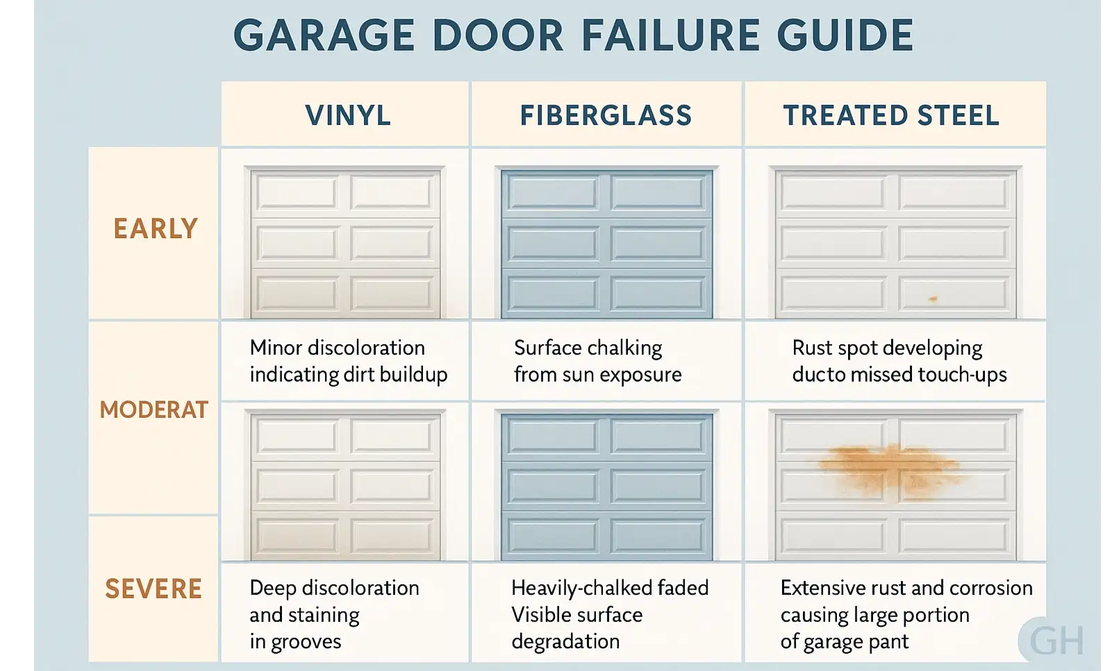 A chart comparing garage door materials based on their maintenance time, effort, cost, and durability.