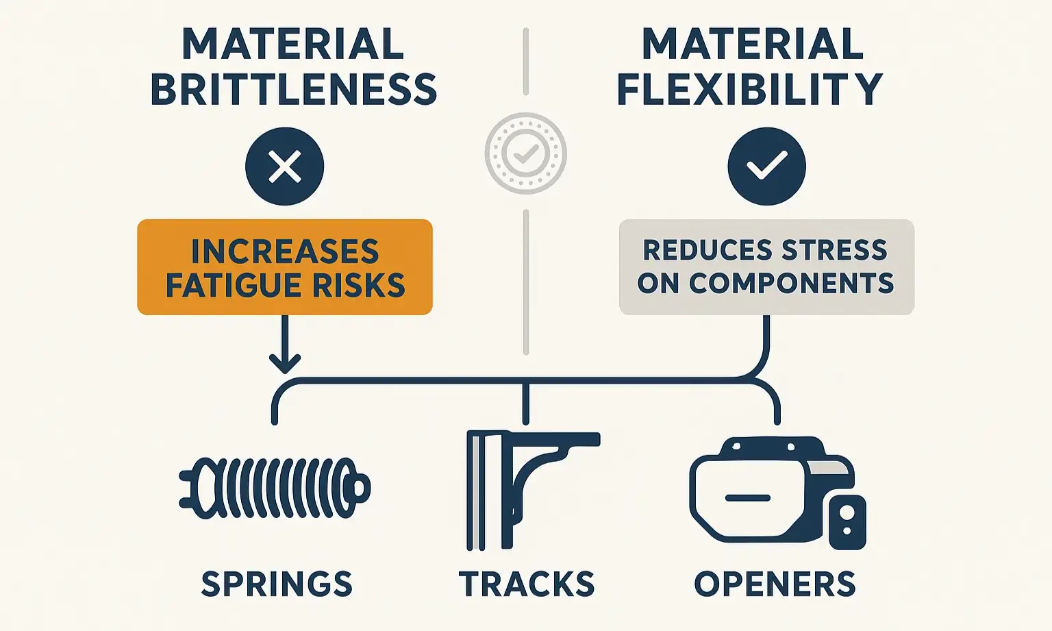 Visualize how garage door materials rank on the brittleness-flexibility spectrum to understand their impact on durability and lifespan.