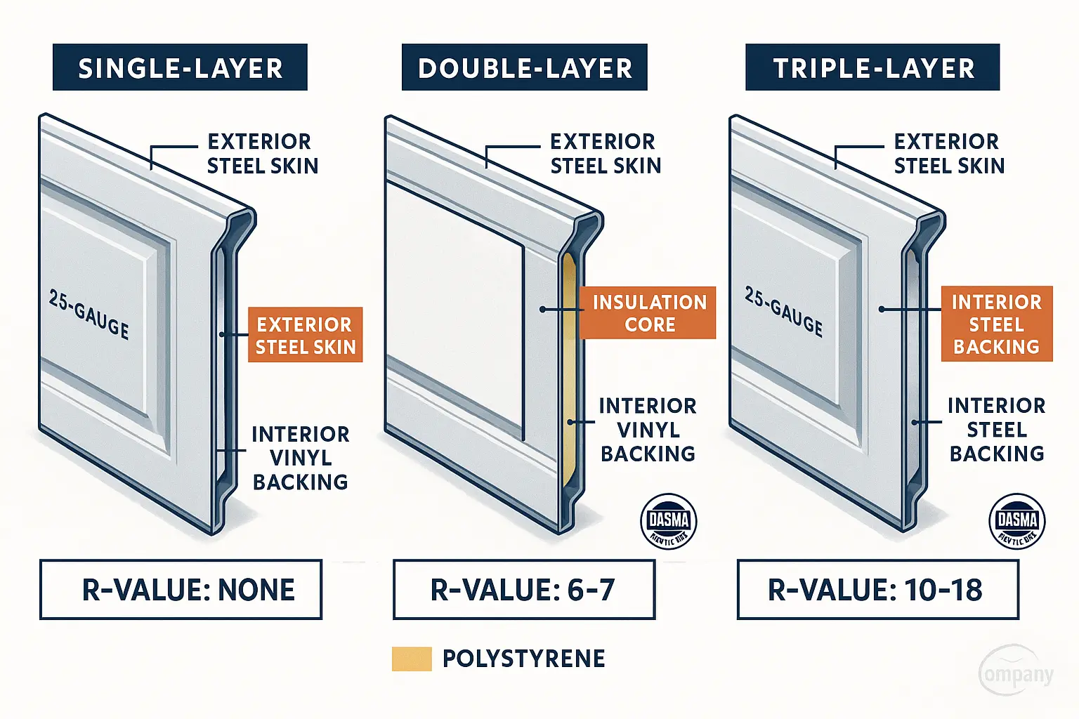 Explore how steel gauge, layers, and insulation combine to influence garage door durability and energy efficiency with this expert cross-section comparison.