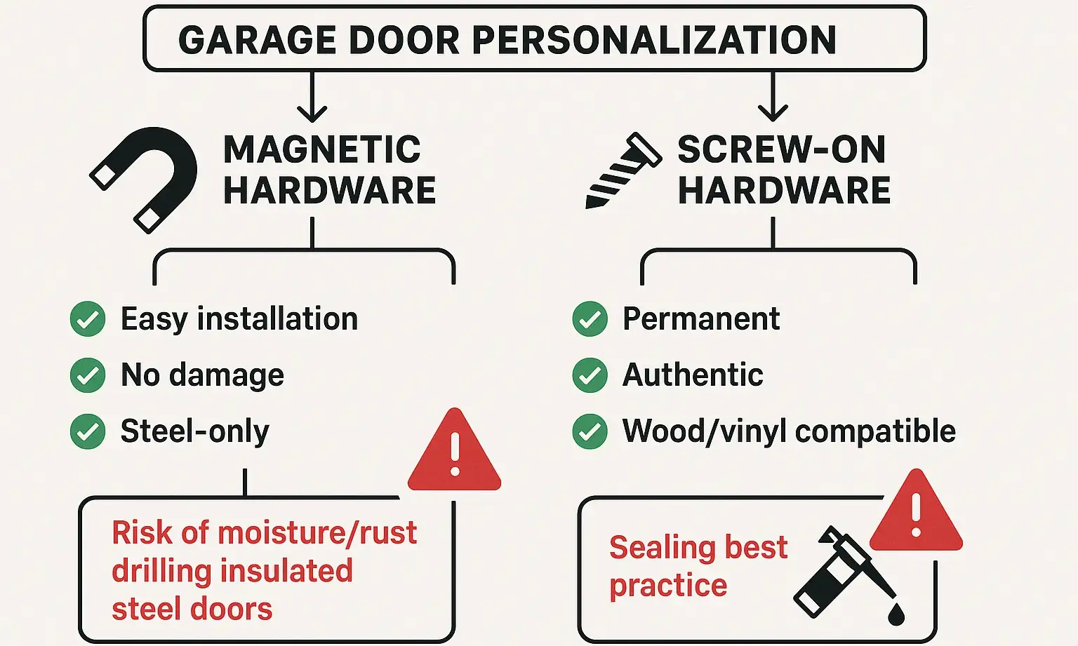 This flowchart educates homeowners on choosing between magnetic and screw-on hardware safely, balancing ease of installation with warranty protection and authenticity.