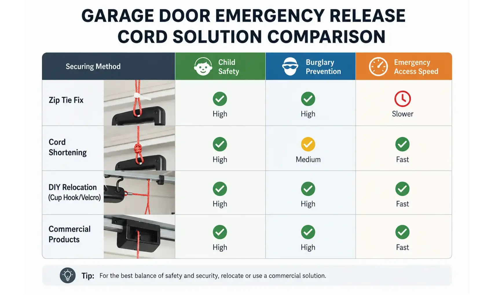 A close-up view of a garage door emergency release cord with a red handle, symbolizing the balance between safety and accessibility.