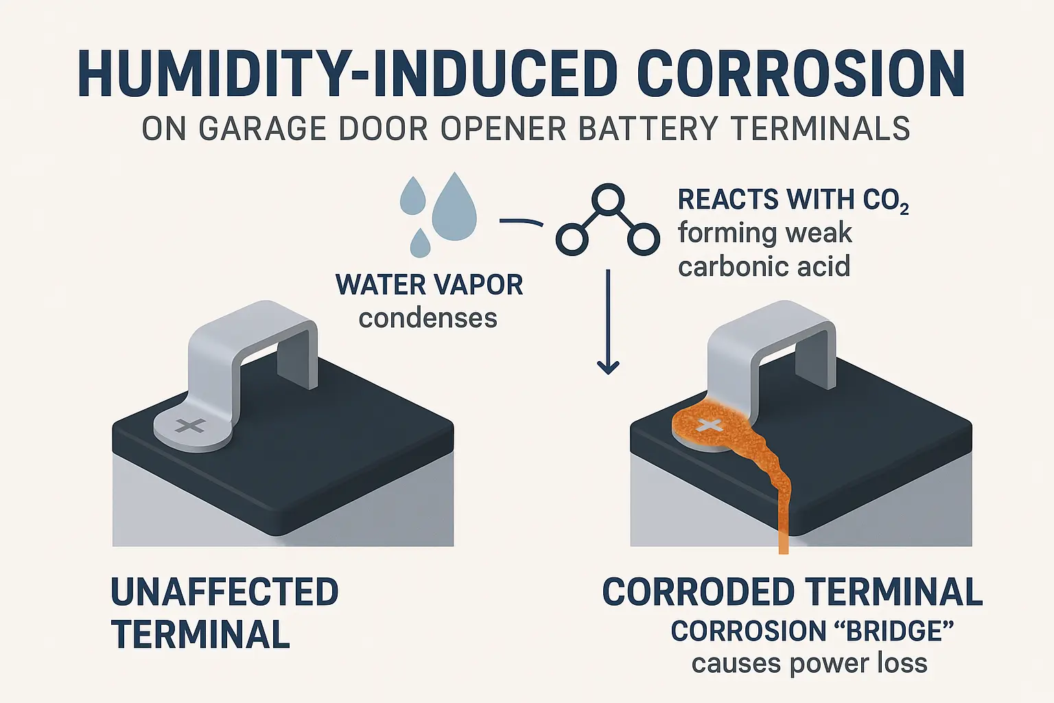 Understanding humidity's chemical effect on battery terminals reveals why garages with high moisture degrade your opener's performance faster.