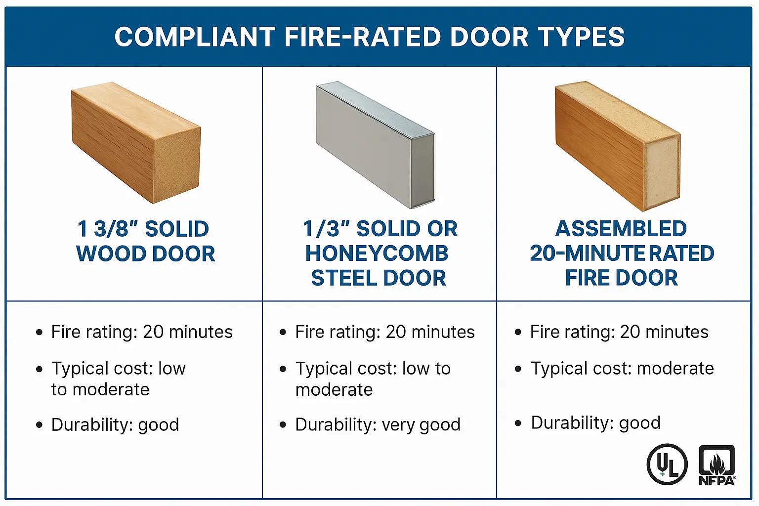 Quickly compare the compliant materials and fire ratings for residential garage entry doors, empowering confident material choice decisions.