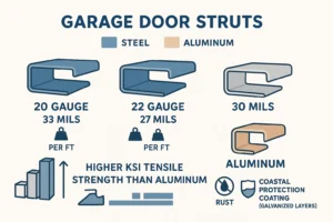 Visual guide comparing steel 20, 22, and 24-gauge garage door struts by thickness, weight per foot, and tensile strength to help choose the right reinforcement based on door size and environment.