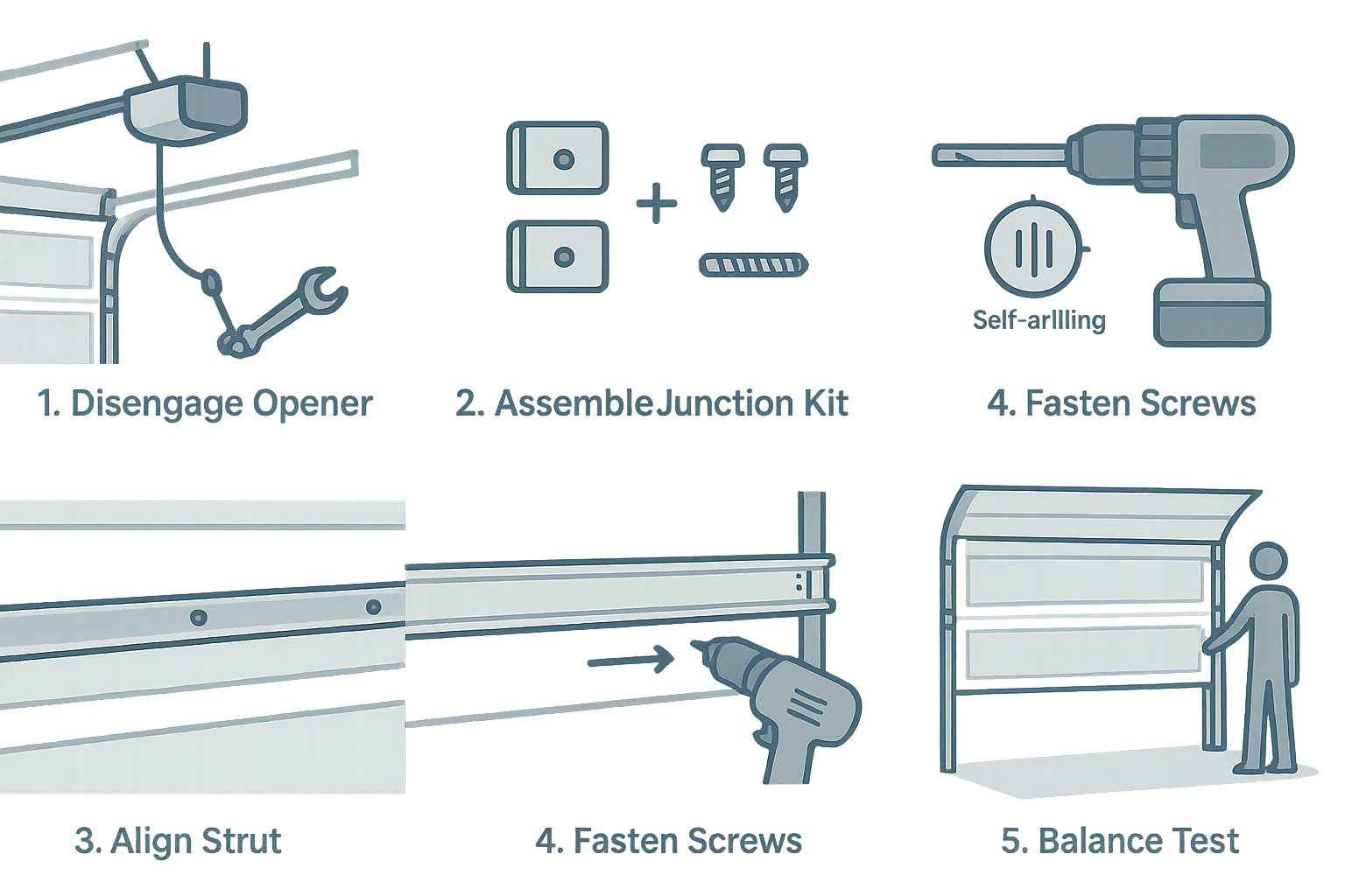 This decision flowchart helps beginners visually distinguish between different types of garage door damage and guides them to the safest and most cost-effective repair option: strut installation, vertical bracket addition, or full panel replacement.