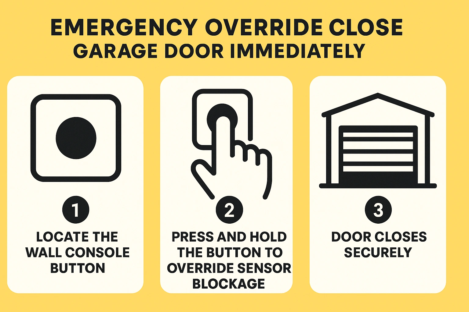 Quickly secure your garage at night by using the wall console button to override sensor issues and close the door safely in three simple steps.