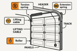 This schematic clarifies the physical components of old garage doors, illustrating legacy versus modern hardware to build foundational understanding before inspection.