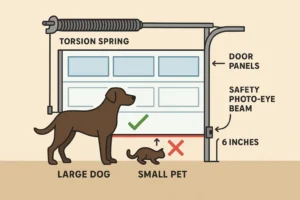This infographic visually anchors the critical legal requirement of IRC Section R302.5.1 mandating fire-rated doors between attached garages and homes—helping pet owners remember why standard pet doors often violate fire safety codes.