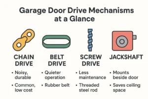 Four primary garage door drive mechanisms showing chain, belt, screw, and jackshaft configurations
