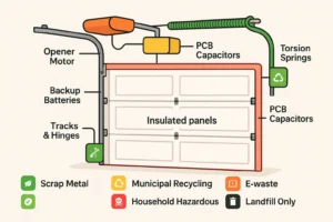 This color-coded garage door diagram visually maps key components to their proper disposal categories, making it easy to understand where and how to dispose of each part safely and environmentally responsibly.